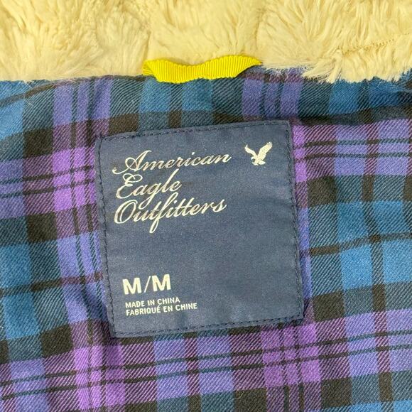 American Eagle Puffer Vest Hooded Sherpa Lined Plaid Y2K Gorpcore Neon Yellow M - Picture 7 of 12